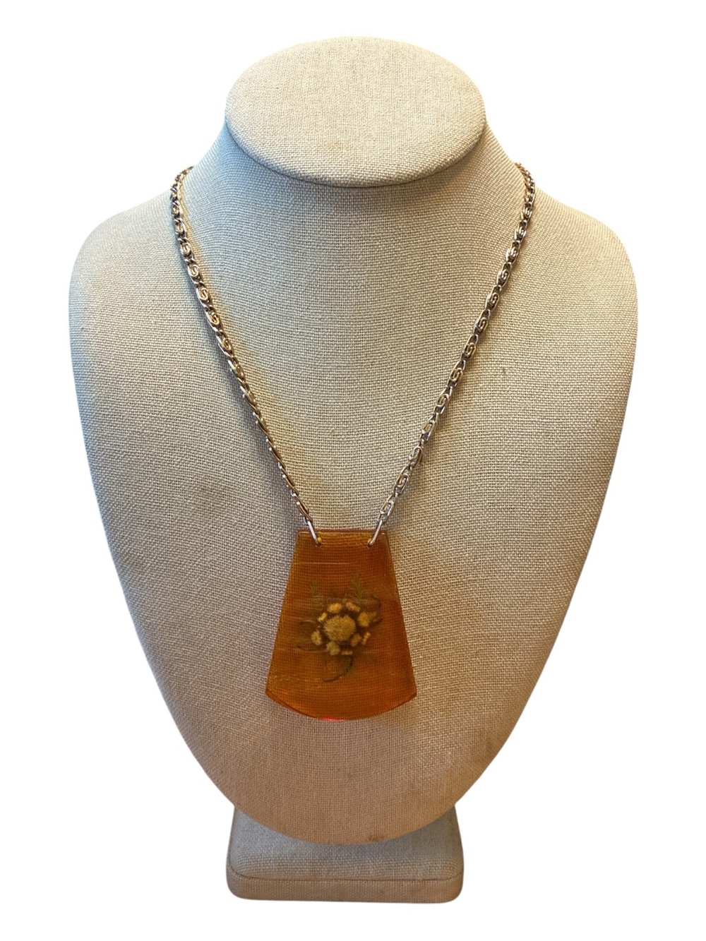 Vintage Amber Lucite Dried Floral Pendant Necklace ~ 26 Inches
